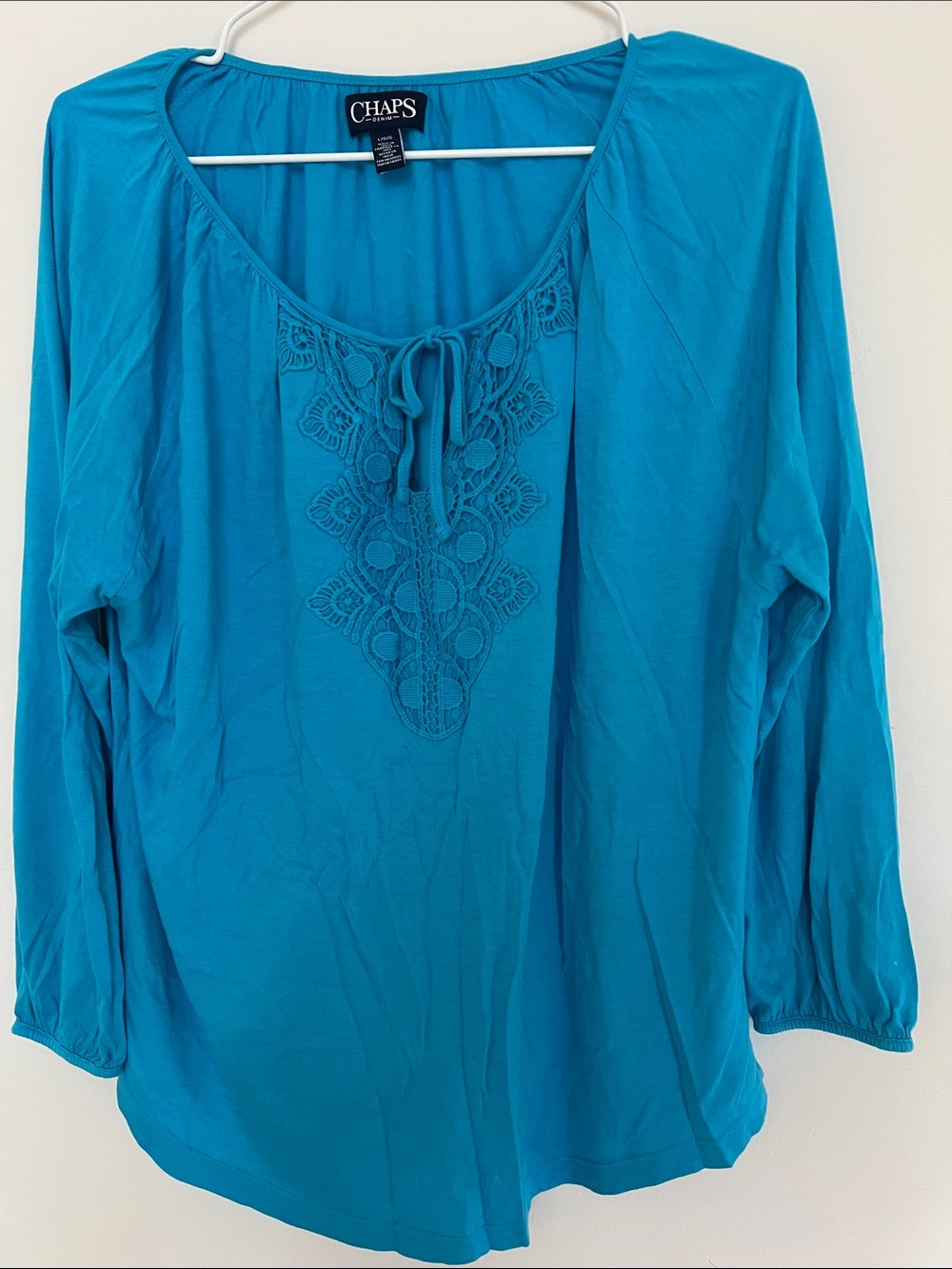 Chaps Turquoise Embroidered Tie-Neck Peasant Tunic